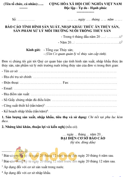 Mẫu báo cáo tình hình sản xuất, nhập khẩu thức ăn thủy sản