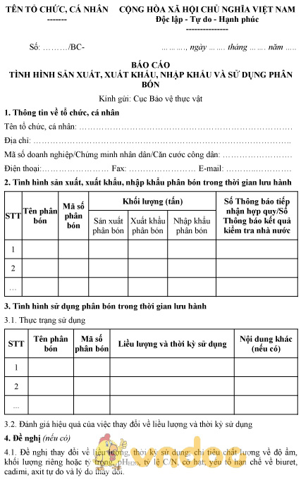 Mẫu báo cáo tình hình sản xuất, xuất khẩu, nhập khẩu và sử dụng phân bón