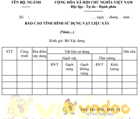 Mẫu báo cáo tình hình sử dụng vật liệu xây dựng của bộ, ngành