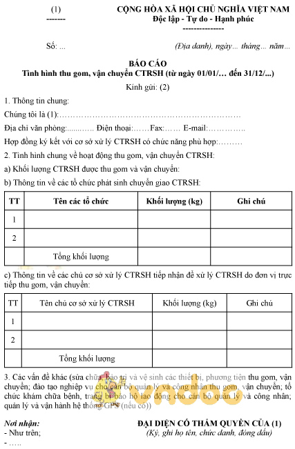 Mẫu báo cáo tình hình thu gom, vận chuyển chất thải rắn sinh hoạt
