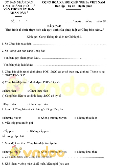 Mẫu báo cáo tình hình tổ chức thực hiện các quy định của pháp luật về Công báo