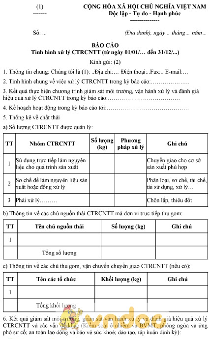 Mẫu báo cáo tình hình xử lý chất thải rắn công nghiệp thông thường