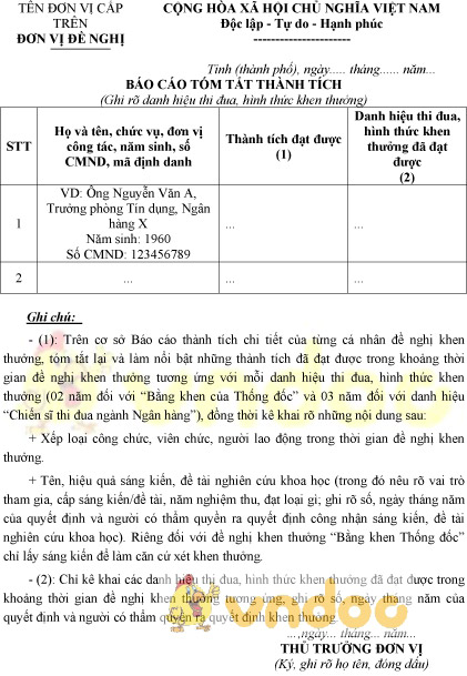 Mẫu báo cáo tóm tắt thành tích ngành Ngân hàng
