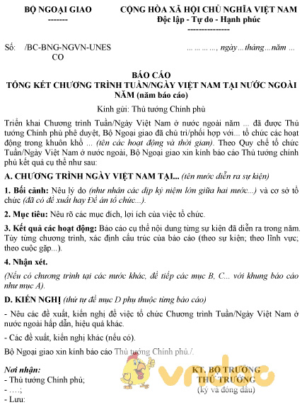 Mẫu báo cáo tổng kết chương trình tuần, ngày Việt Nam tại nước ngoài