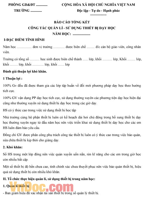 Mẫu báo cáo tổng kết sử dụng thiết bị dạy học