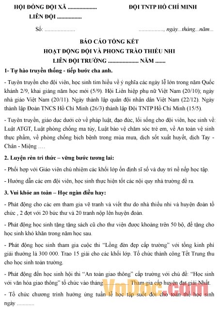 Mẫu báo cáo tổng kết hoạt động đội và phong trào thiếu nhi năm học 2017-2018