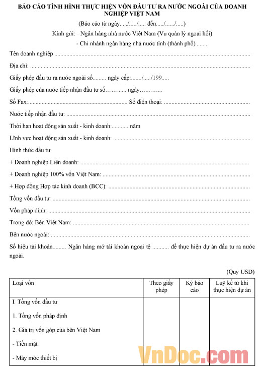 Mẫu báo cáo về vốn đầu tư ra nước ngoài