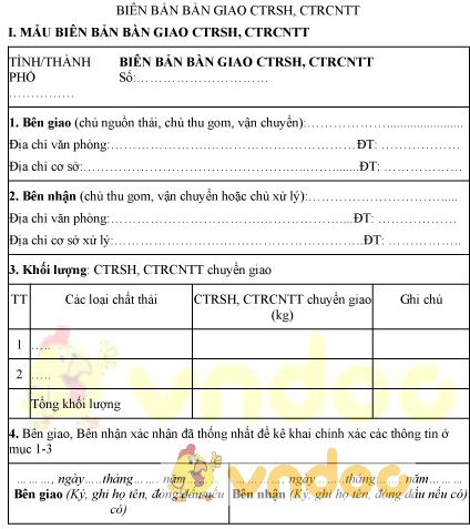 Mẫu biên bản bàn giao chất thải rắn