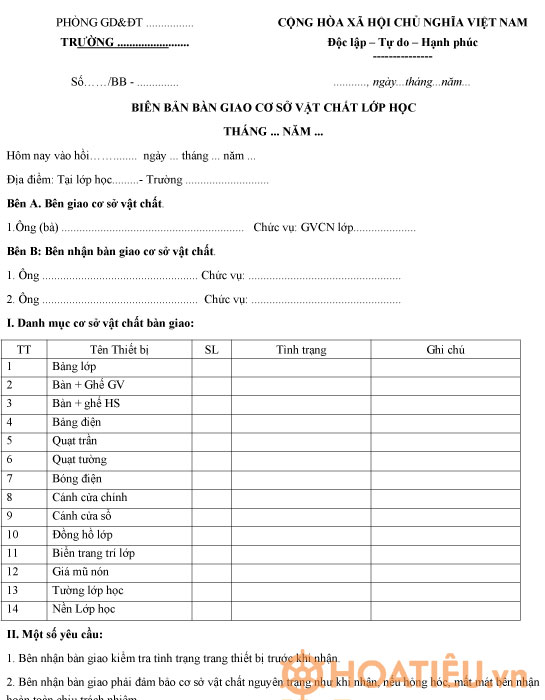 Mẫu biên bản ghi chép về việc bàn giao cơ sở vật chất lớp học