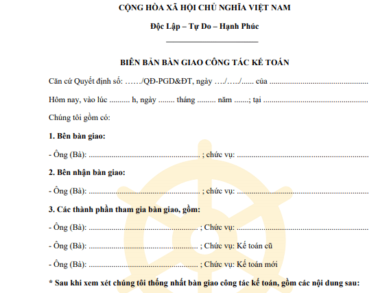Mẫu biên bản bàn giao công tác kế toán