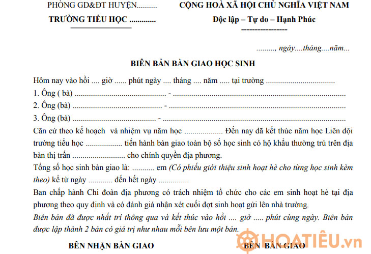 Mẫu biên bản bàn giao học sinh về sinh hoạt hè tại địa phương