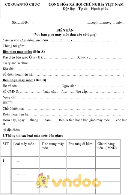 Mẫu biên bản bàn giao máy móc đưa vào sử dụng