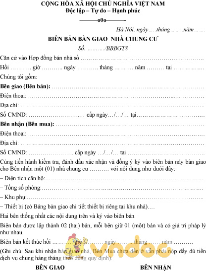 Mẫu biên bản bàn giao nhà chung cư