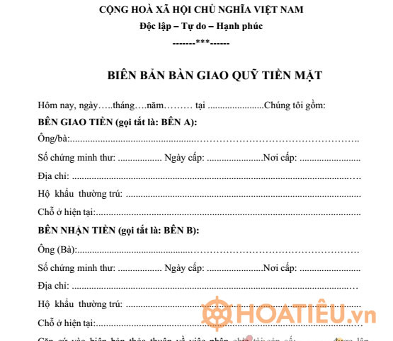 Mẫu biên bản bàn giao quỹ tiền mặt