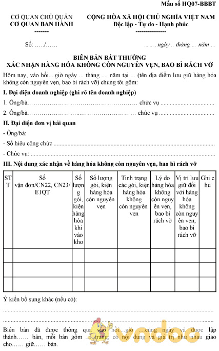 Mẫu biên bản bất thường xác nhận hàng hóa không còn nguyên vẹn, bao bì rách vỡ