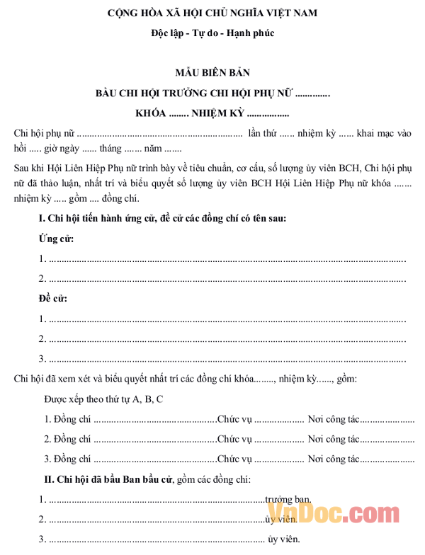 Biên bản bầu Chi hội trưởng Chi hội phụ nữ