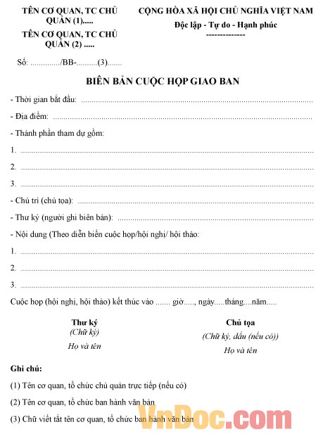 Mẫu biên bản cuộc họp giao ban