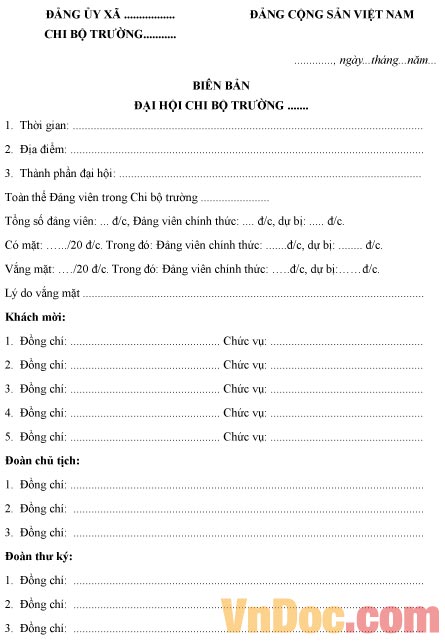 Mẫu biên bản tổ chức đại hội chi bộ