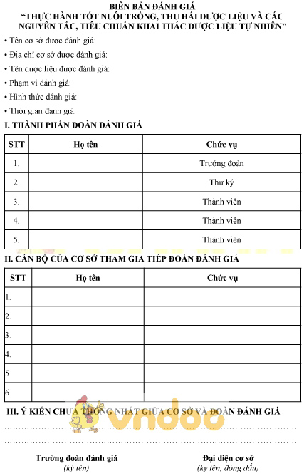Mẫu biên bản đánh giá thực hành tốt nuôi trồng, thu hái dược liệu