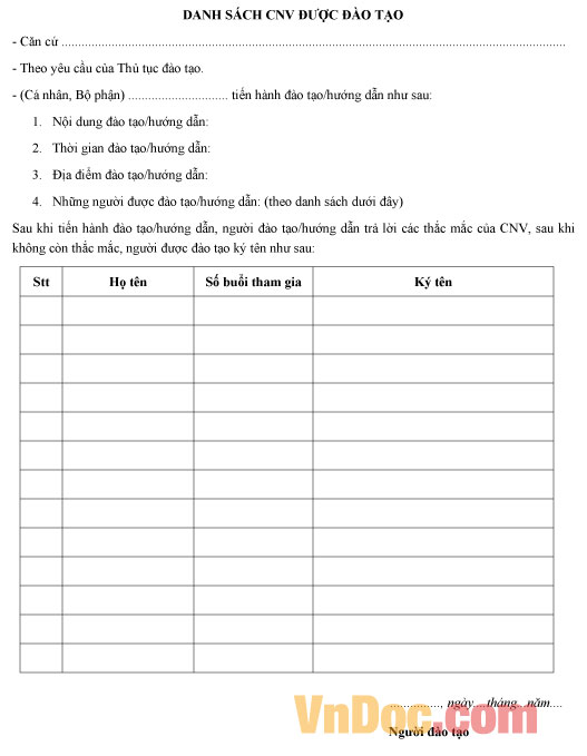 Mẫu biên bản đào tạo (nội bộ)