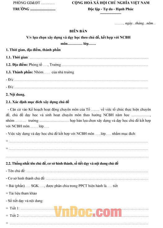 Mẫu biên bản dạy học theo chủ đề