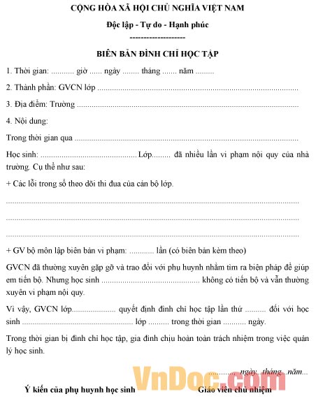 Mẫu biên bản đình chỉ học tập