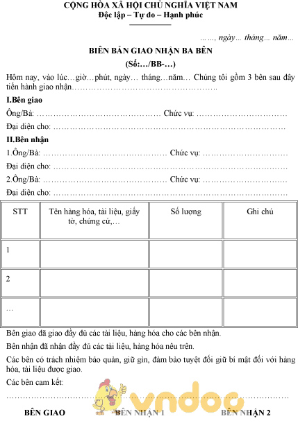 Mẫu biên bản giao nhận 3 bên