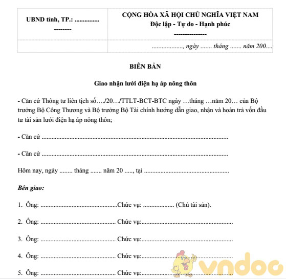 Mẫu biên bản giao nhận lưới điện hạ áp nông thôn