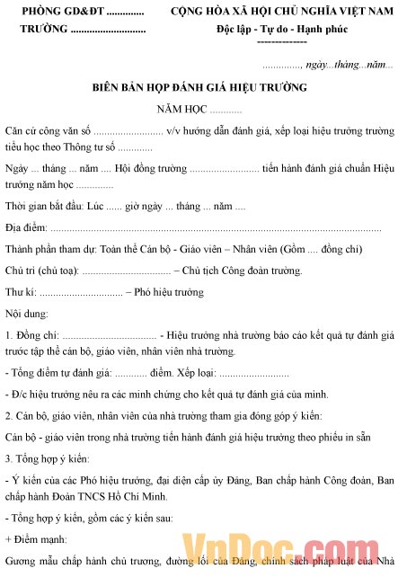 Mẫu biên bản ghi chép việc đánh giá hiệu trưởng
