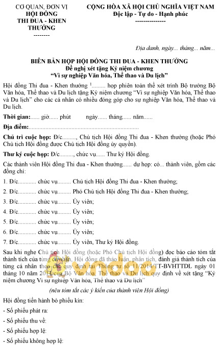 Mẫu biên bản họp hội đồng thi đua khen thưởng đề nghị xét tặng kỷ niệm chương