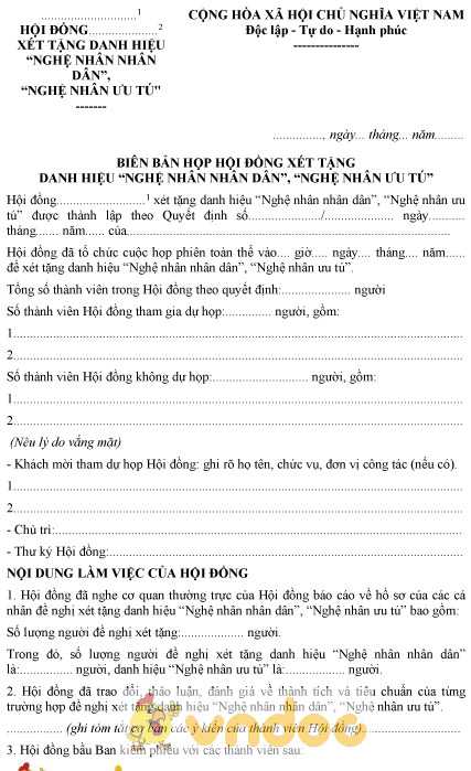 Mẫu biên bản họp hội đồng xét tặng danh hiệu nghệ nhân nhân dân, nghệ nhân ưu tú
