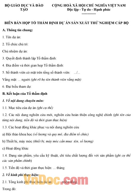 Mẫu biên bản ghi chép họp tổ thẩm định dự án sản xuất thử nghiệm cấp bộ