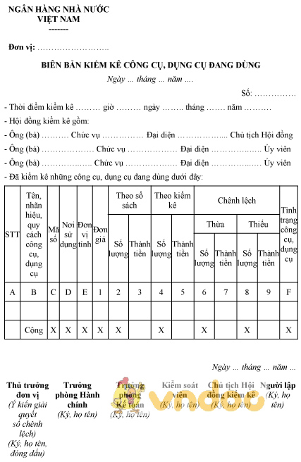 Mẫu biên bản kiểm kê công cụ, dụng cụ đang dùng của ngân hàng nhà nước