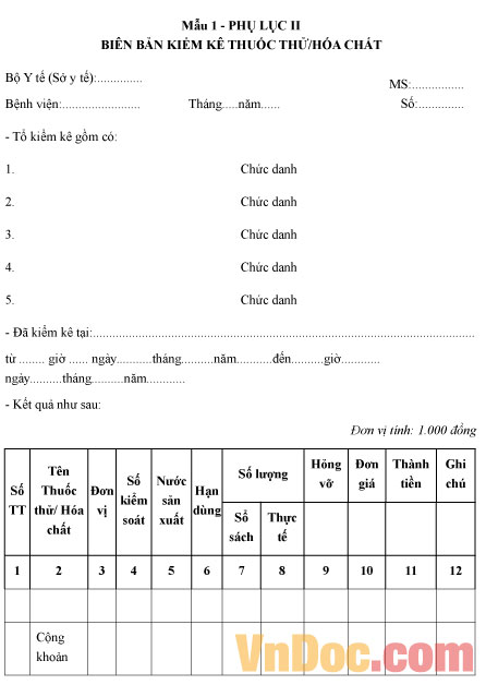 Mẫu biên bản kiểm kê thuốc thử hóa chất