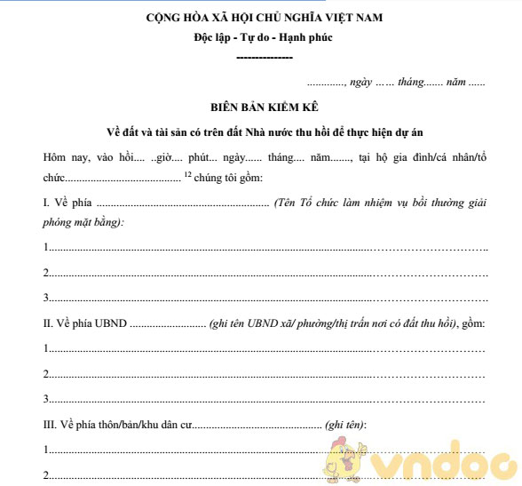 Biên bản kiểm kê về đất và tài sản có trên đất khi Nhà nước thu hồi đất