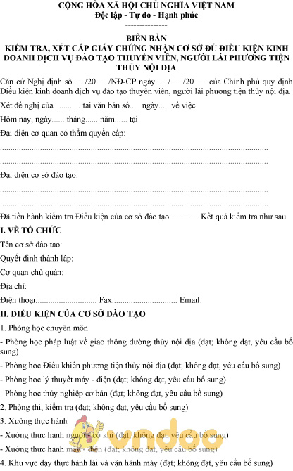 Mẫu biên bản kiểm tra cấp GCN cơ sở đủ điều kiện kinh doanh dịch vụ đào tạo thuyền viên