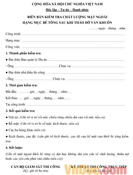 Mẫu biên bản kiểm tra chất lượng hạng mục bê tông