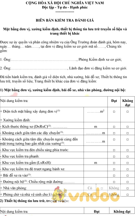 Mẫu biên bản kiểm tra đánh giá mặt bằng đơn vị, xưởng kiểm định, trang thiết bị