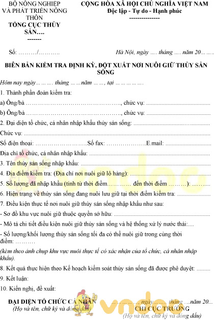 Mẫu biên bản kiểm tra định kỳ, đột xuất nơi nuôi giữ thủy sản sống