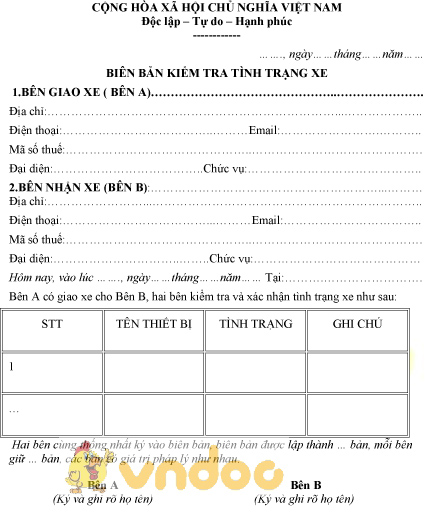 Mẫu biên bản kiểm tra tình trạng xe