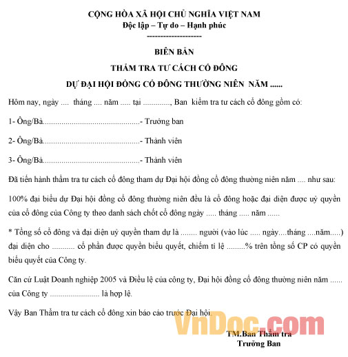 Mẫu biên bản kiểm tra tư cách cổ đông