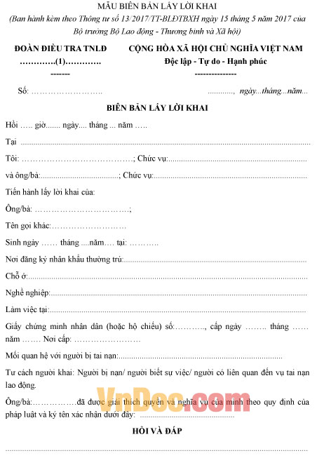 Mẫu biên bản lấy lời khai