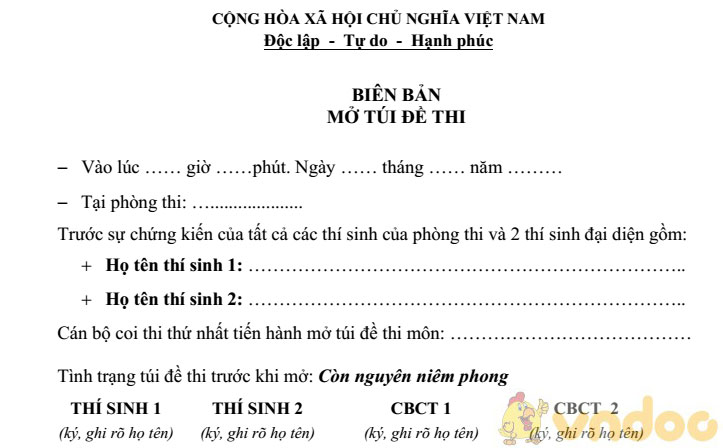 Mẫu biên bản mở túi đề thi