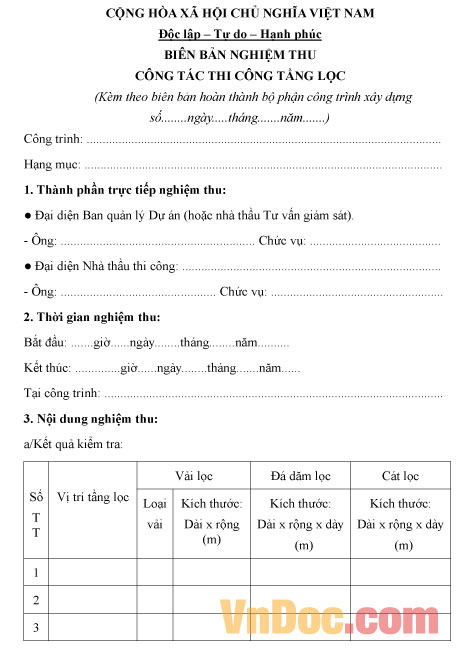 Mẫu biên bản nghiệm thu công tác thi công tầng lọc
