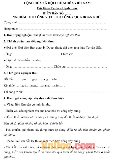 Mẫu biên bản nghiệm thu công việc thi công cọc khoan nhồi
