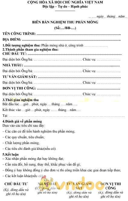 Mẫu biên bản nghiệm thu phần móng