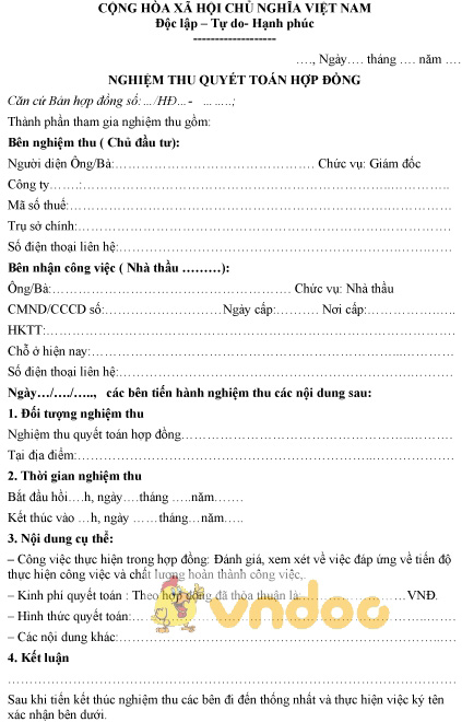 Mẫu biên bản nghiệm thu quyết toán hợp đồng