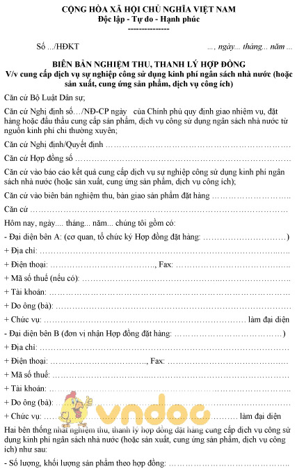 Mẫu biên bản nghiệm thu, thanh lý hợp đồng cung cấp dịch vụ sự nghiệp công