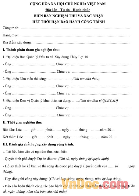 Mẫu biên bản nghiệm thu và xác nhận hết thời hạn bảo hành công trình