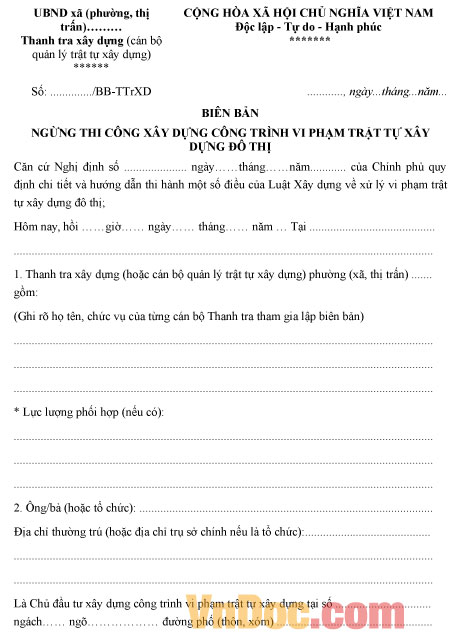 Mẫu biên bản ngừng thi công xây dựng công trình